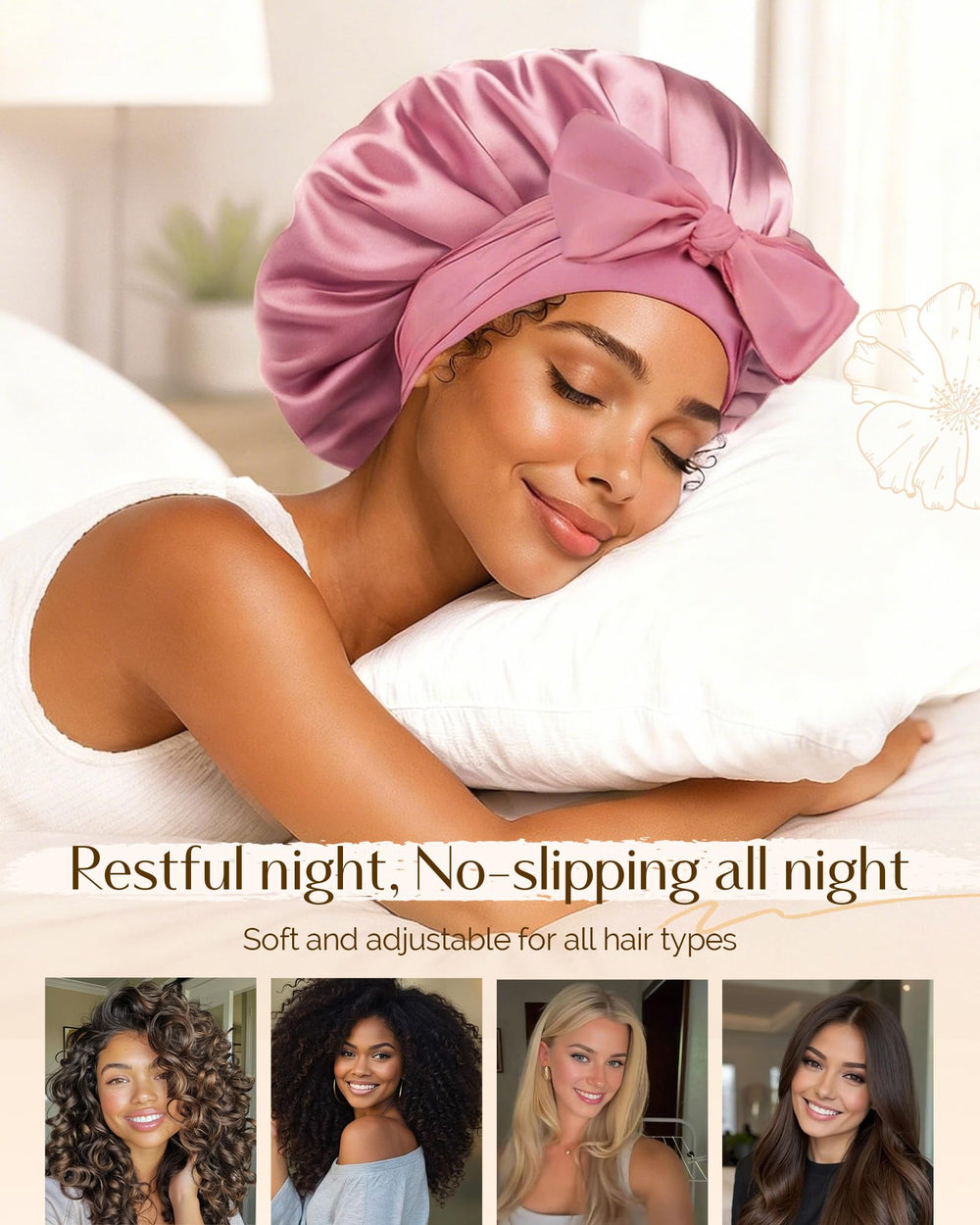 YANIBEST silk bonnet with elastic tie band ensures secure overnight fit