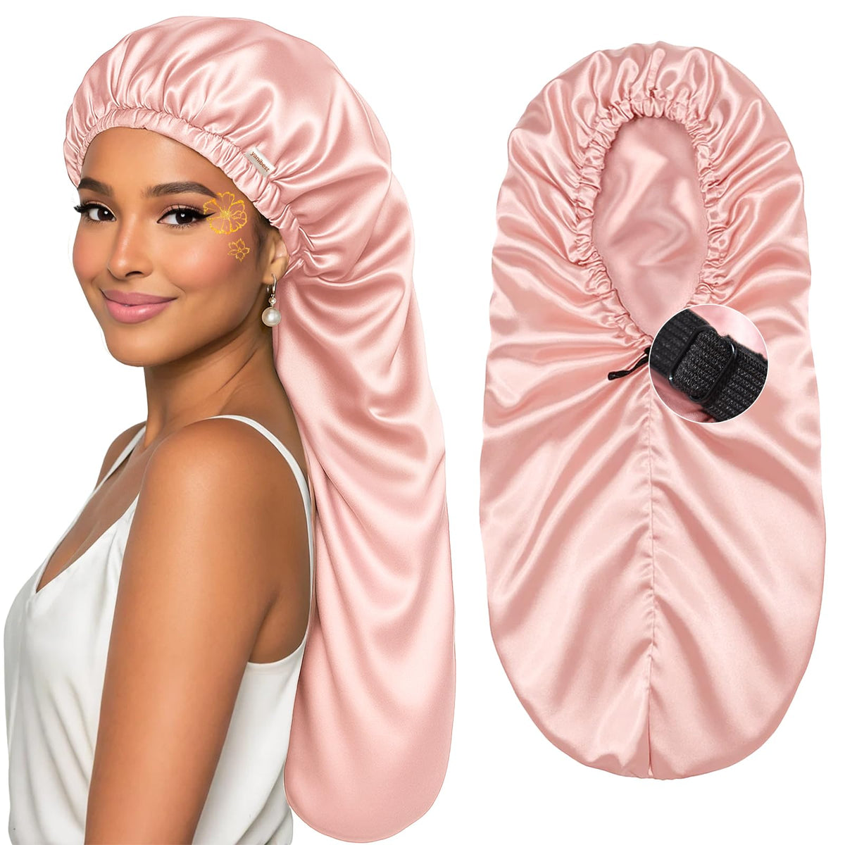 YANIBEST long bonnet pink on bed for gentle hair protection while resting