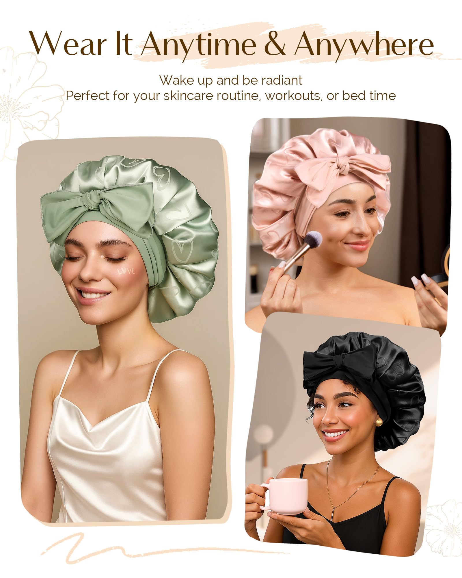YANIBEST pink satin bonnet on model, soft texture for curl care