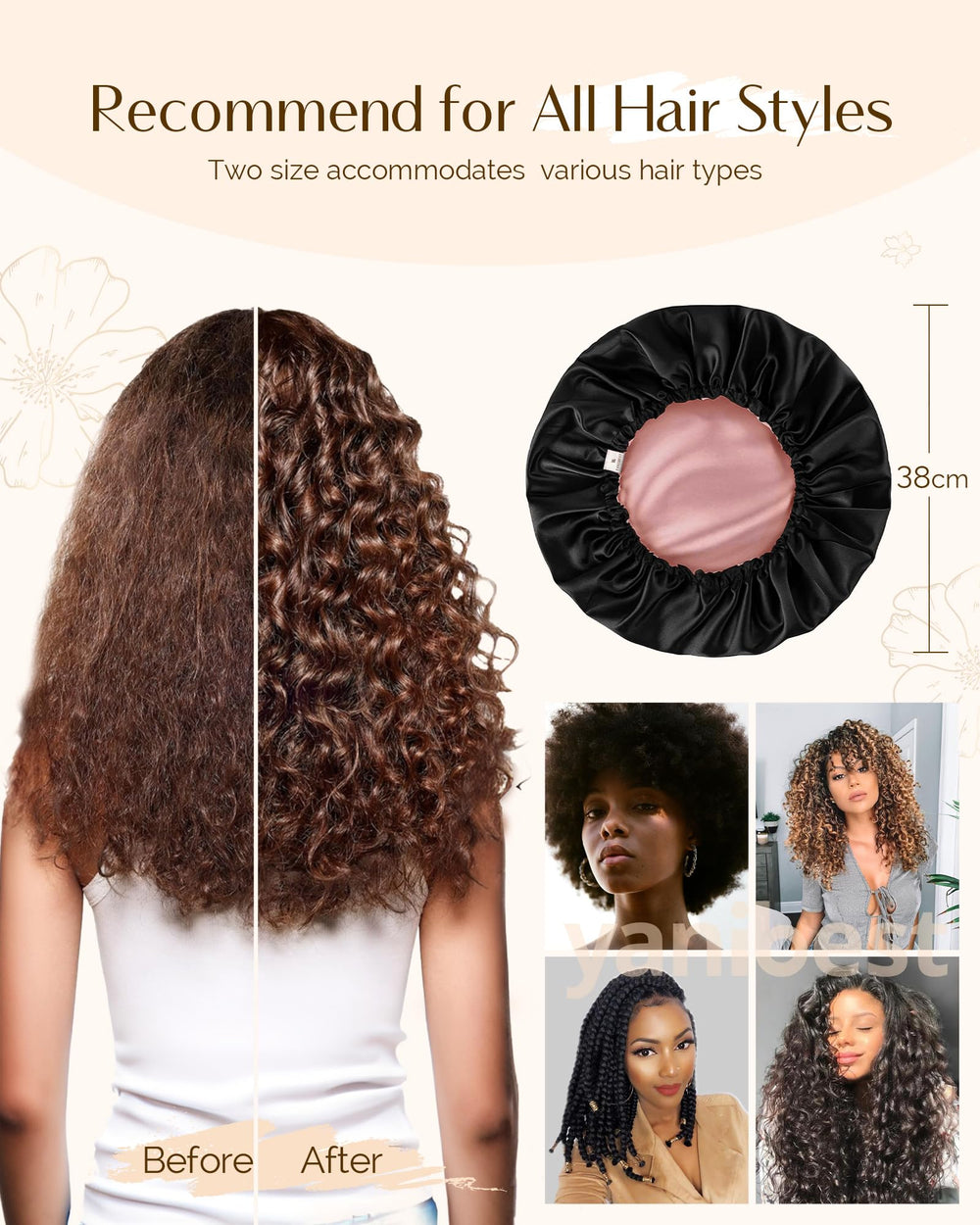 YANIBEST satin bonnet protects hair from friction and static, reducing tangling.