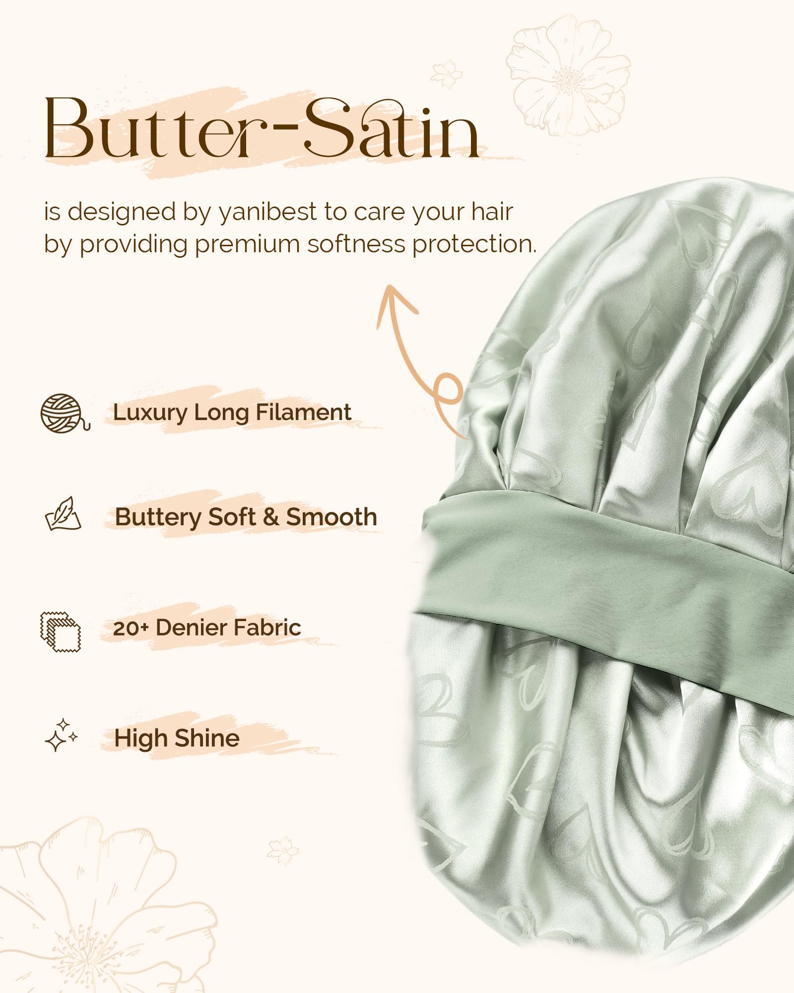 YANIBEST satin bonnet with tie band securely holds hair overnight to prevent tangles