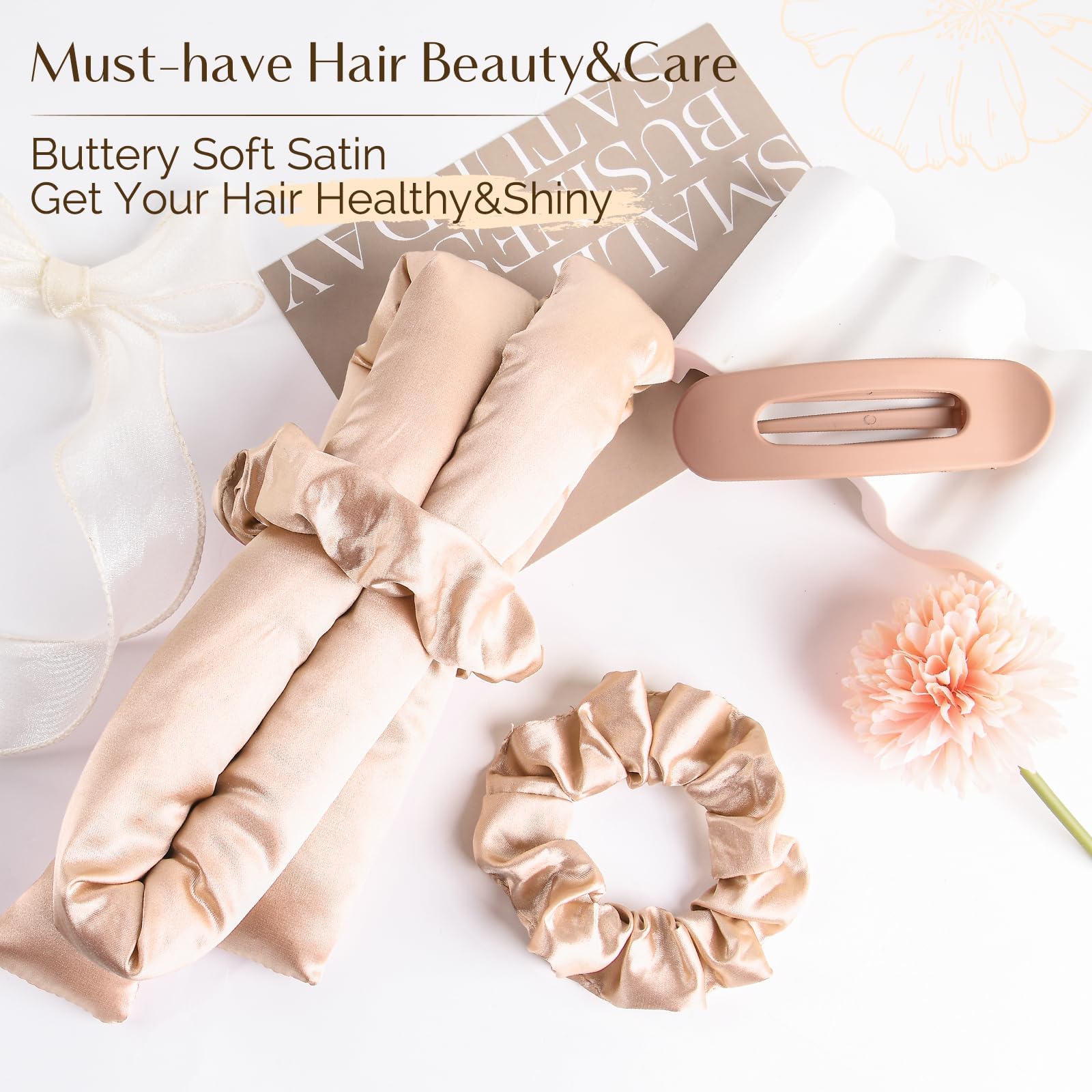 Yanibest Satin Heatless Curler Set in use on bed for overnight curls.
