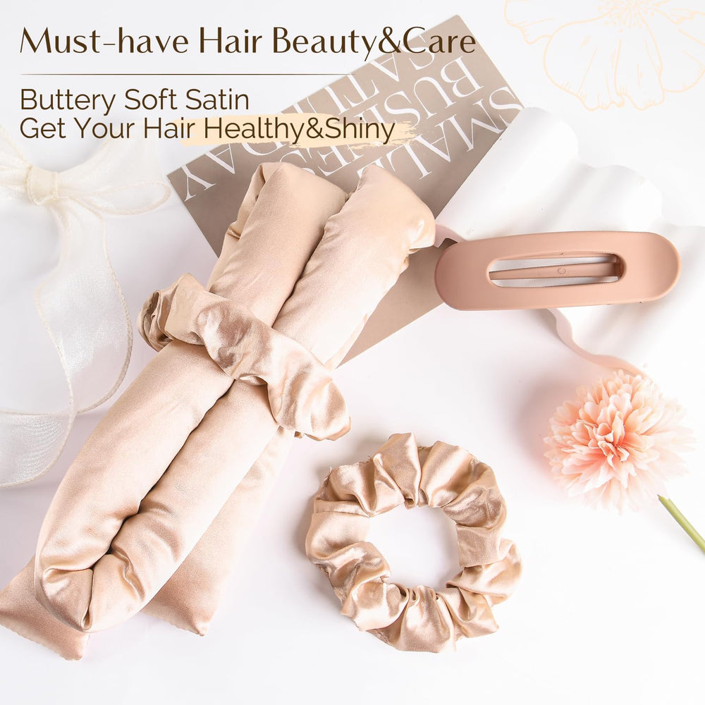 Yanibest Satin Heatless Curler Set in use on bed for overnight curls.