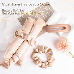 Yanibest Satin Heatless Curler Set in use on bed for overnight curls.