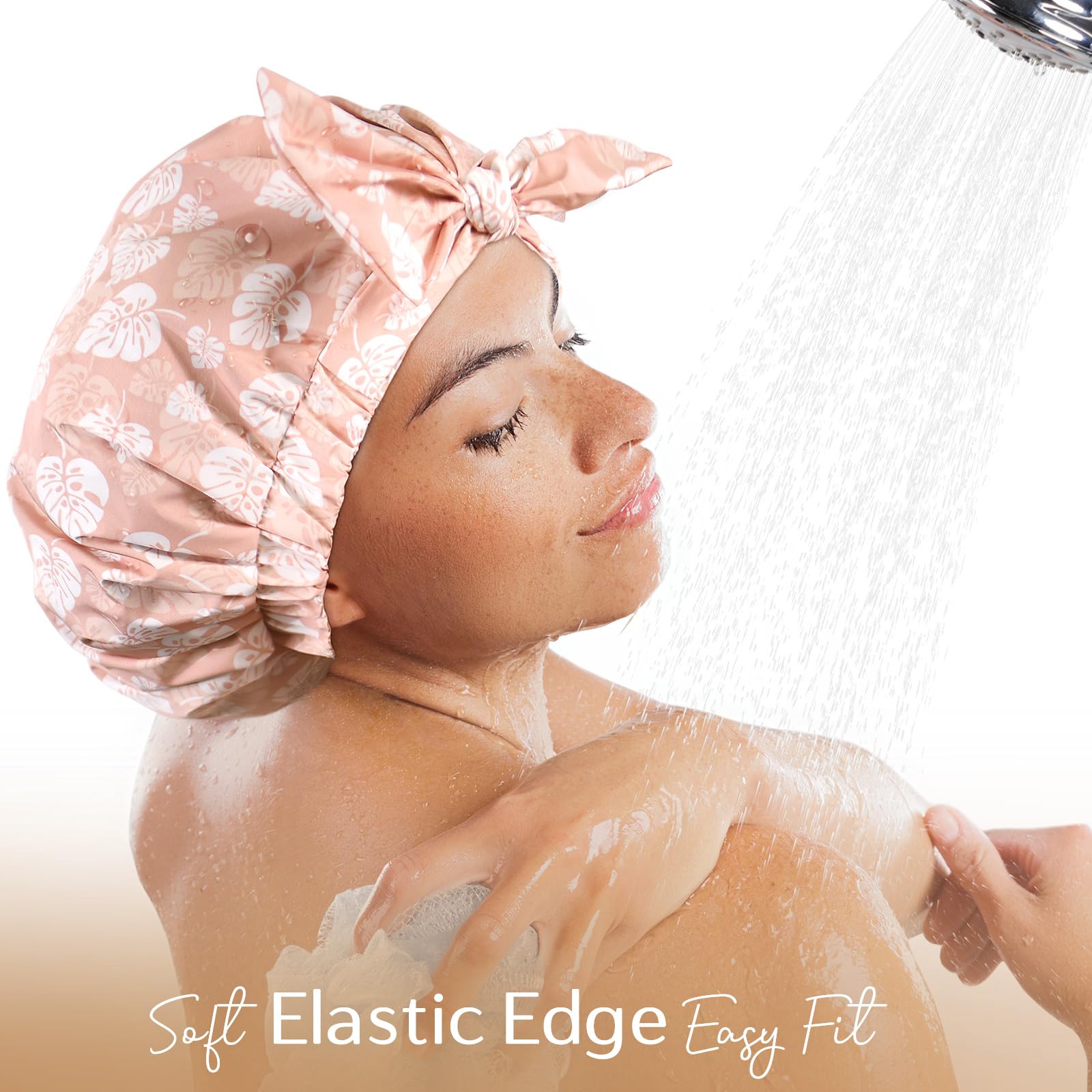 Yanibest shower cap shows adjustable bowknot for a comfortable, secure fit.