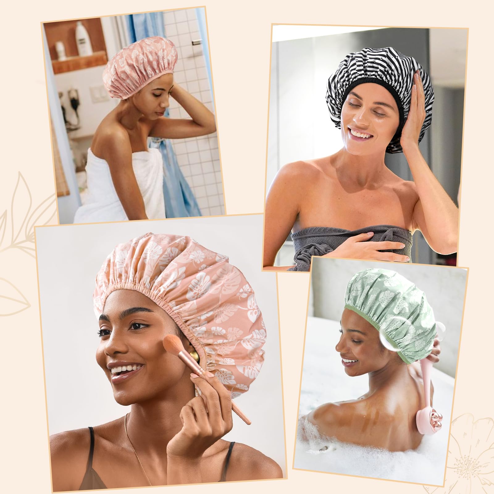 Yanibest shower-cap multi-use scenario showing bathing cooking and spa protection