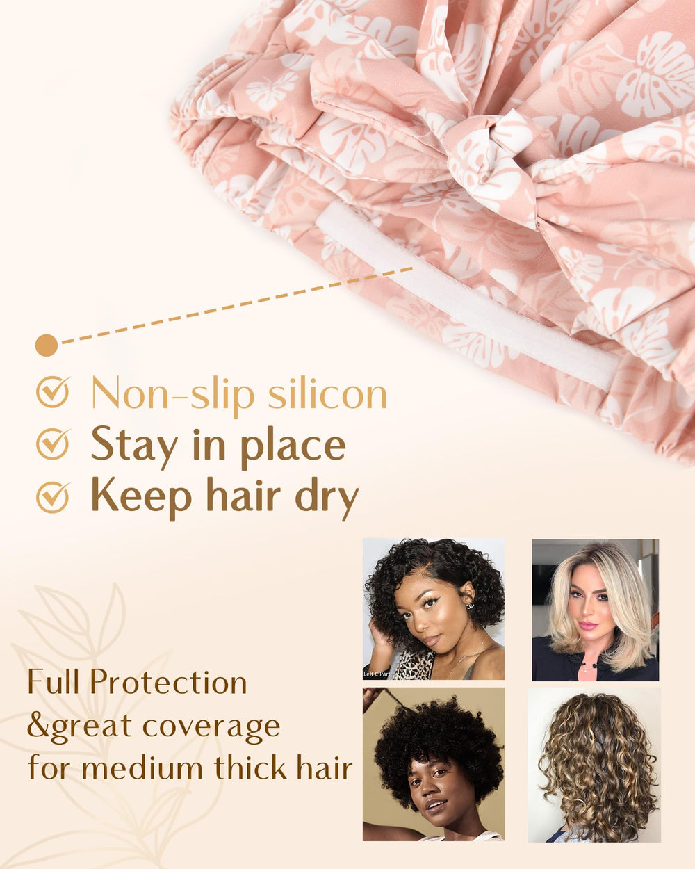 Yanibest shower cap demonstrates non-slip design that stays in place during showering.