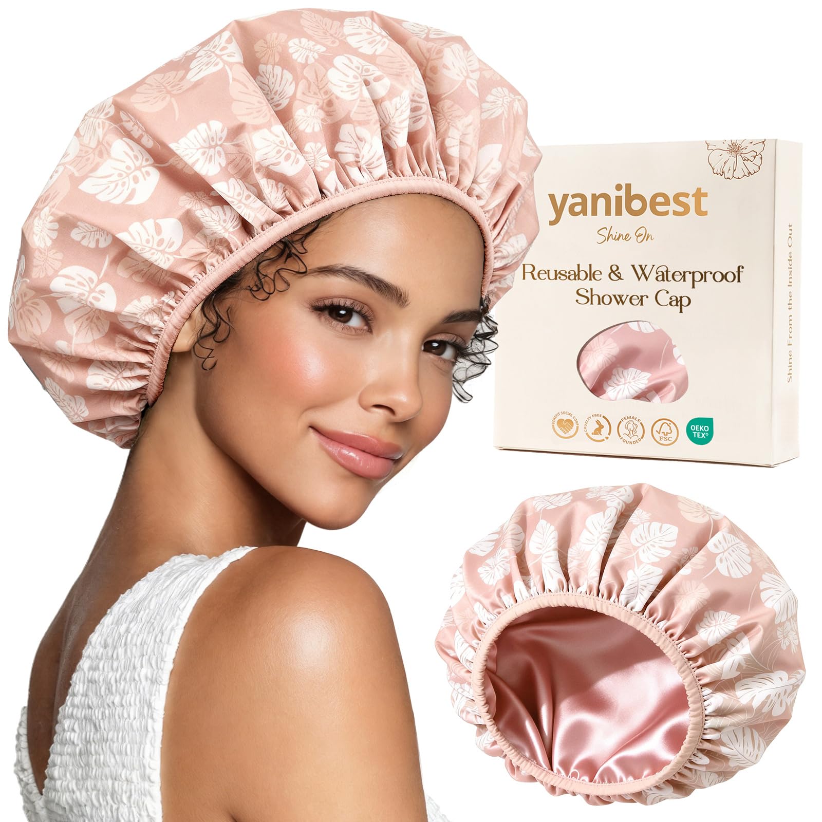 Yanibest shower cap waterproof top view shows secure fit for dry hair during showers