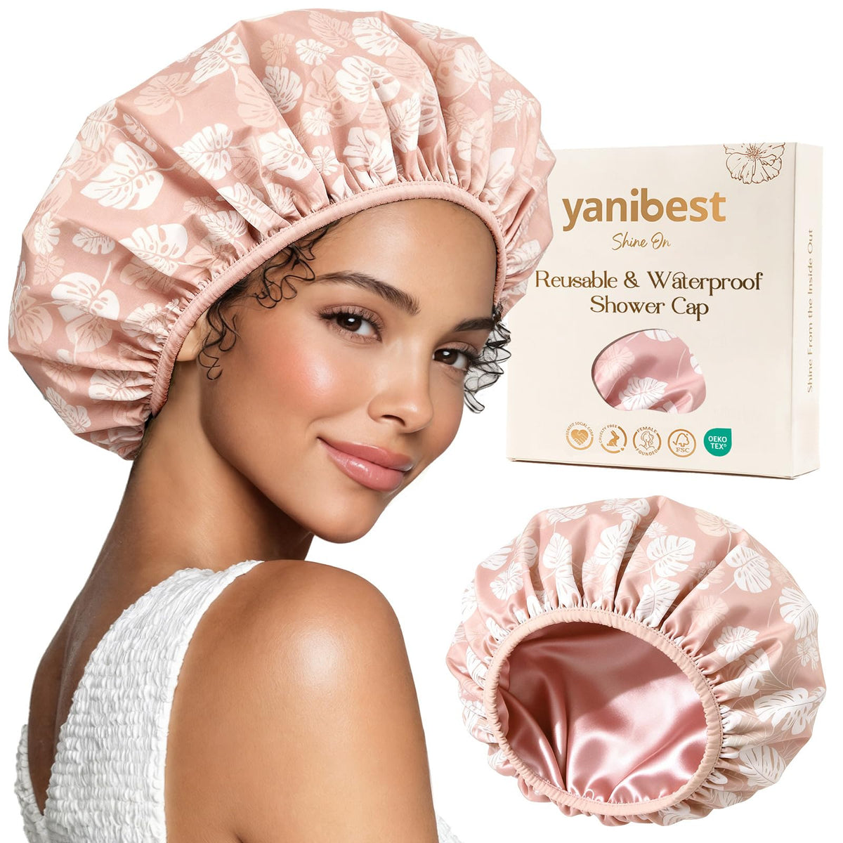 Yanibest shower cap waterproof top view shows secure fit for dry hair during showers