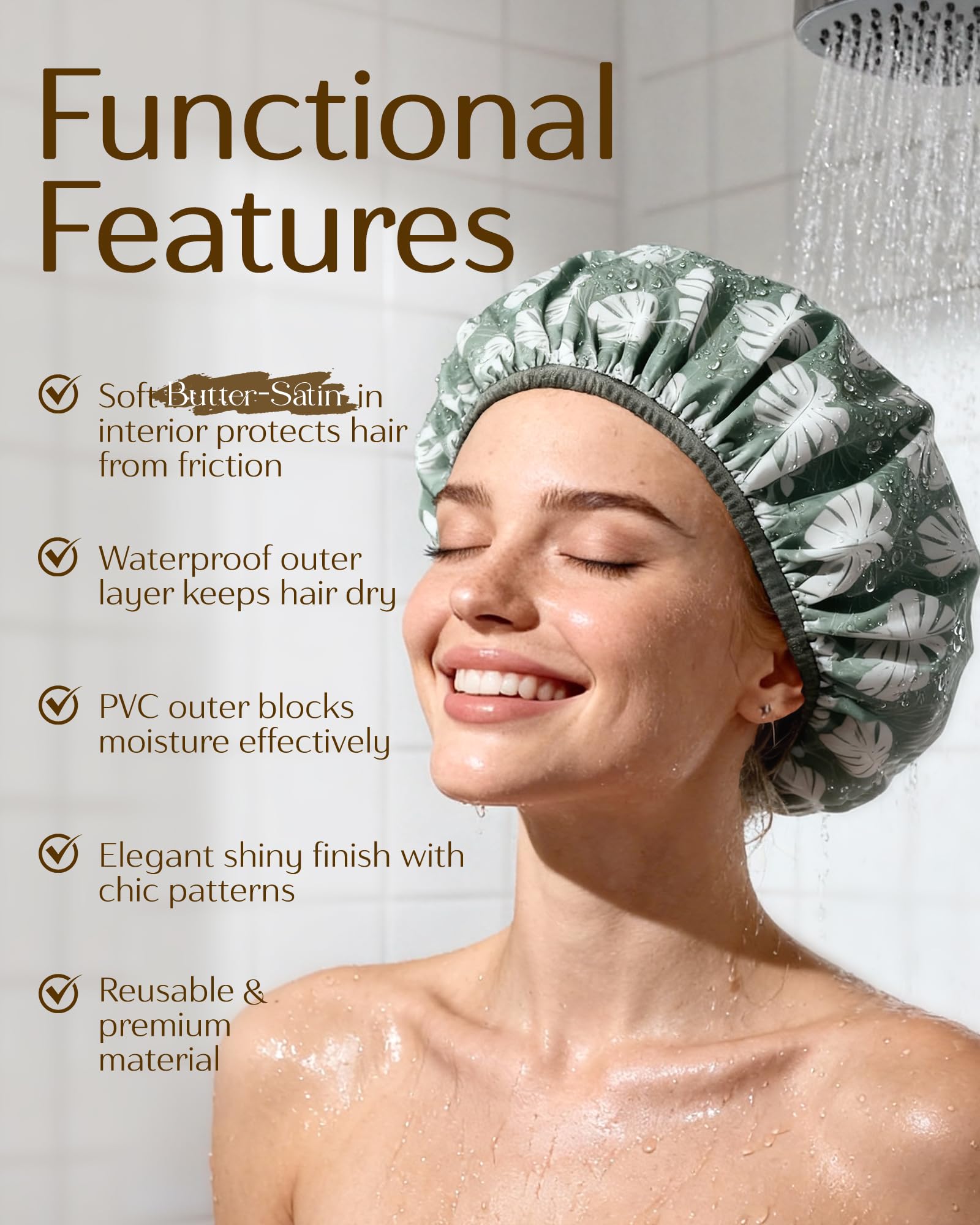 Yanibest shower cap worn on head demonstrates snug fit