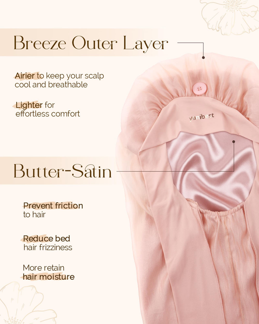 YANIBEST silk bonnet adjustable straps provide a snug, slip-free fit