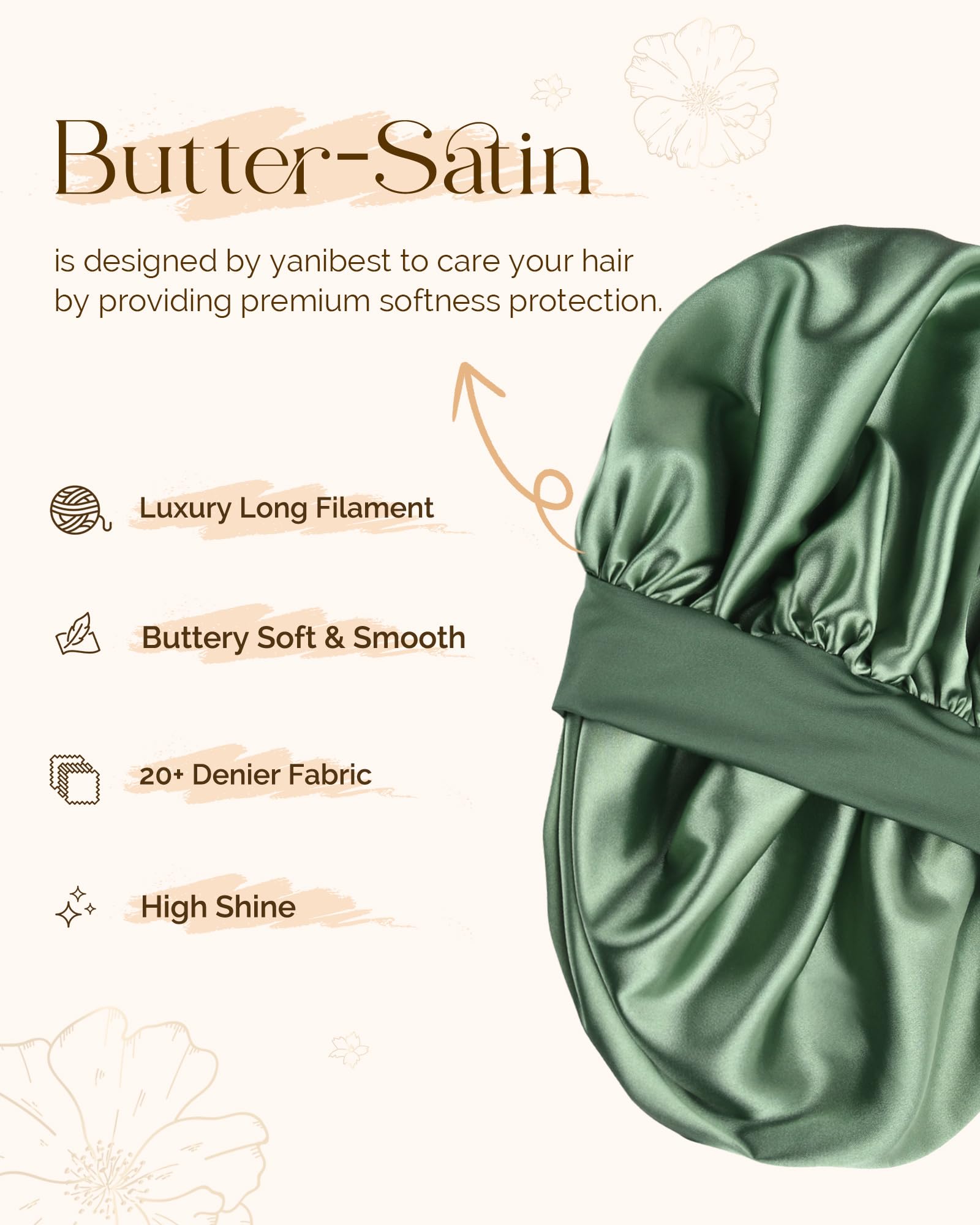 YANIBEST double-layer satin bonnet provides enhanced hair protection overnight.