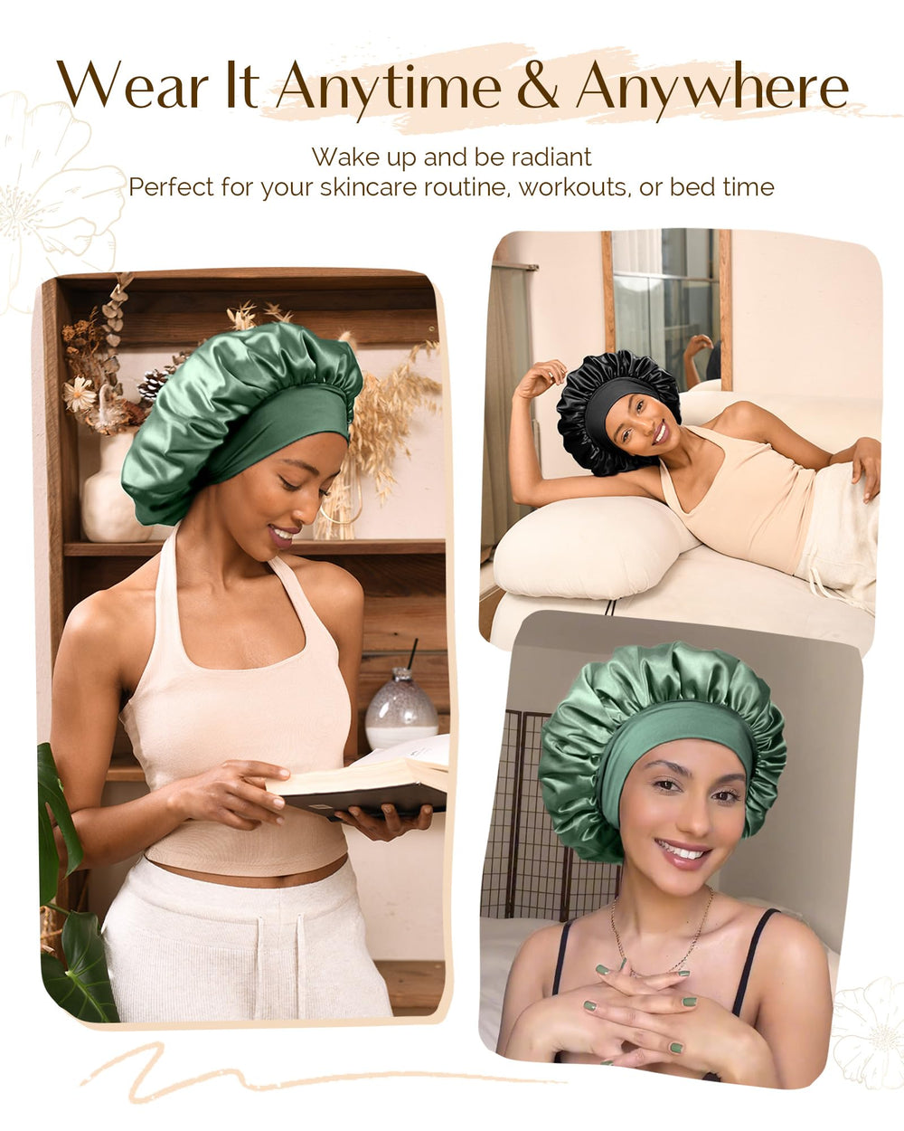YANIBEST satin bonnet suitable for washing, beauty routines, and housework.