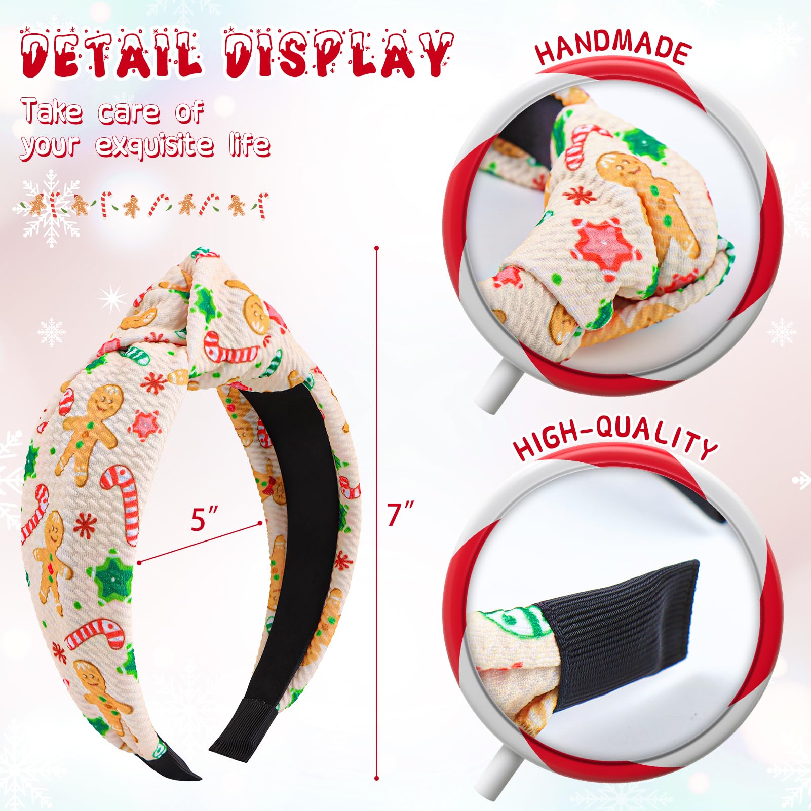 YanJie top knot headband candy cane closeup showcases bright pattern for celebrations.