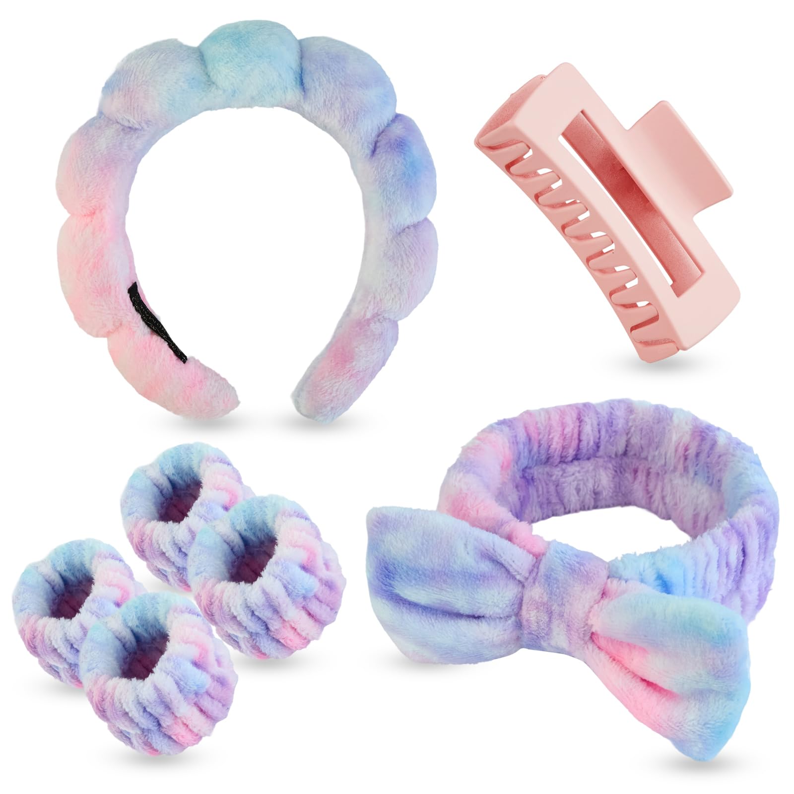 Yaqulen towel headband in tie-dye keeps hair dry during facial cleansing
