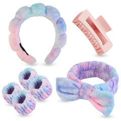 Yaqulen towel headband in tie-dye keeps hair dry during facial cleansing