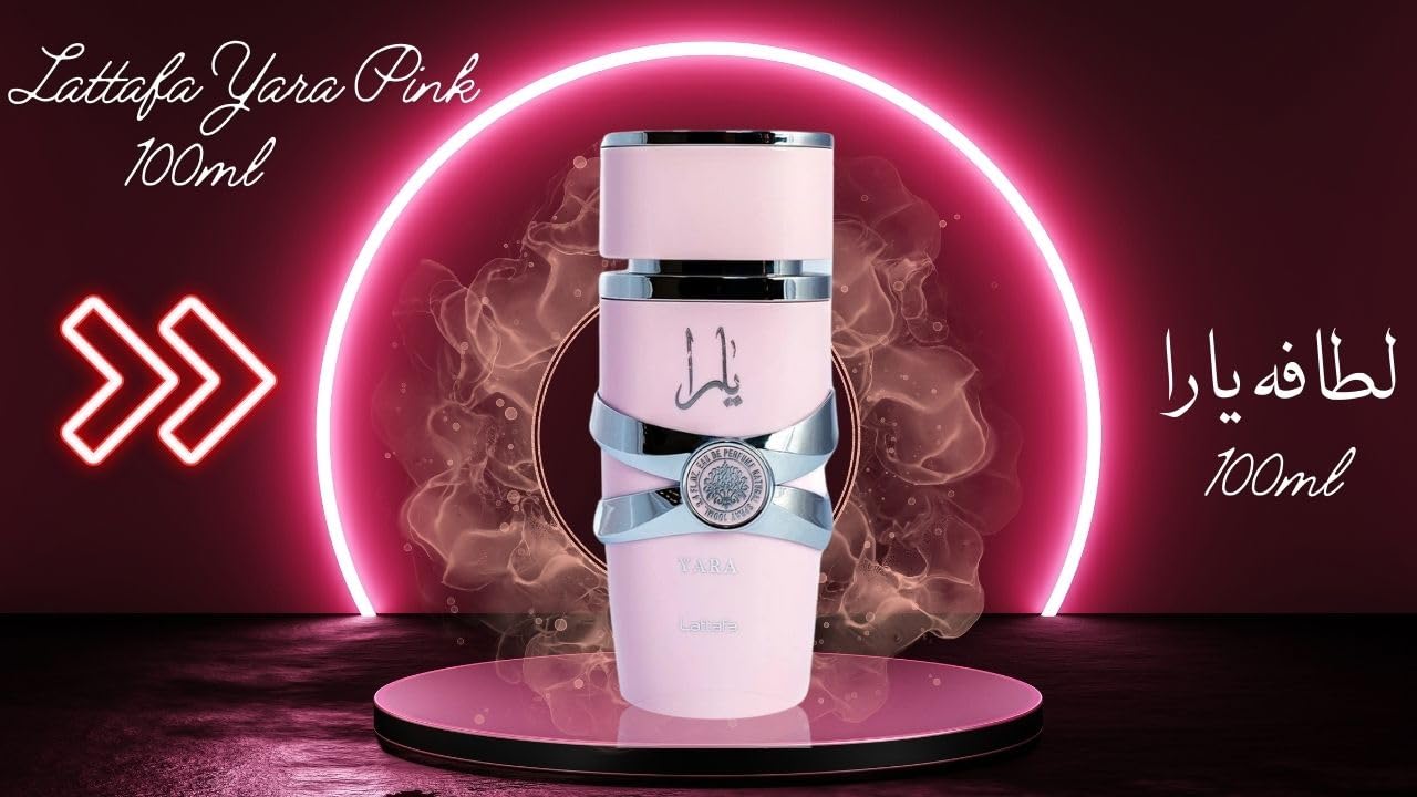 Yara Pink Eau De Parfum bottle close-up highlights sleek glass and soft glow for date-night scent.