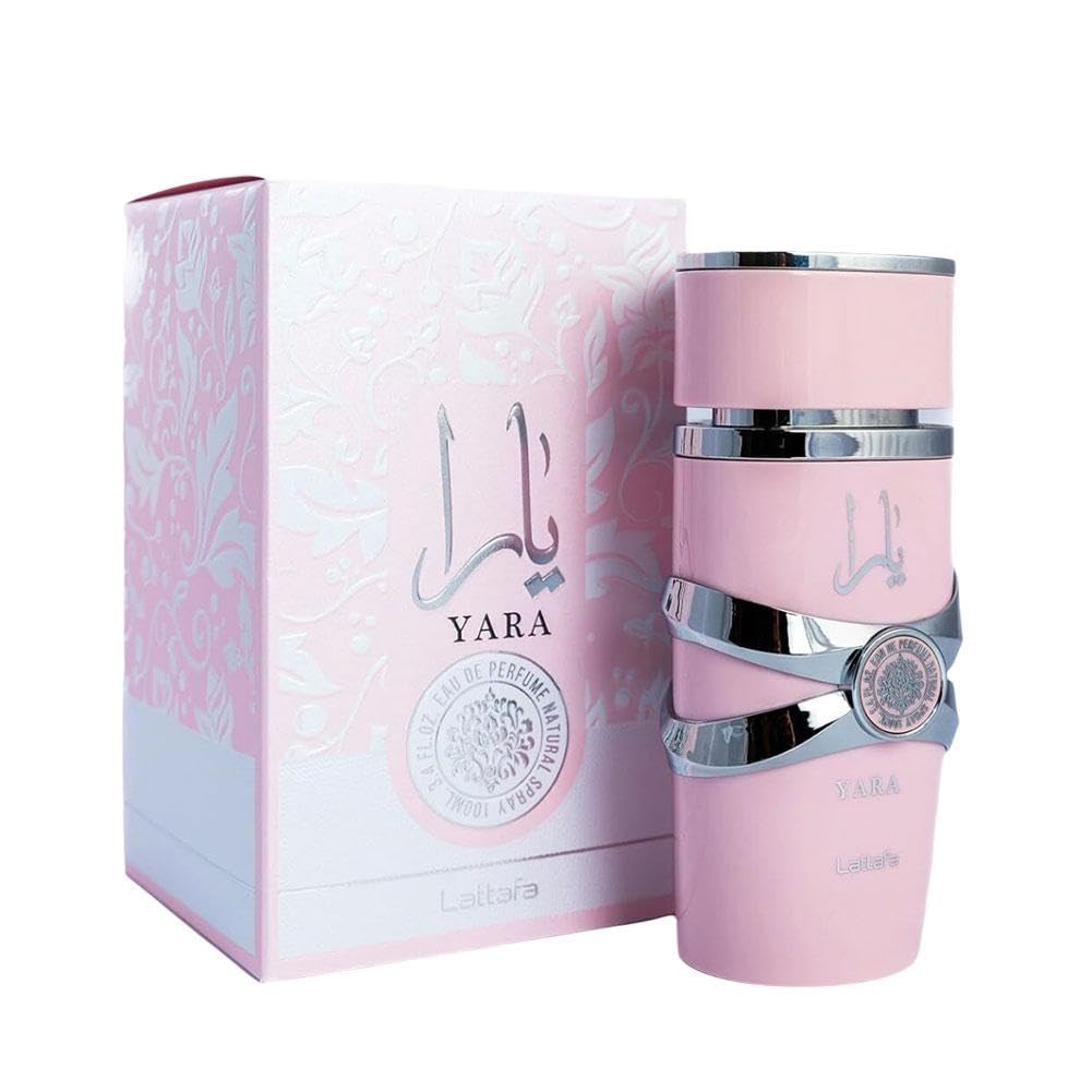 Yara Pink Eau De Parfum bottle showcases the feminine design for everyday wear and lasting presence.