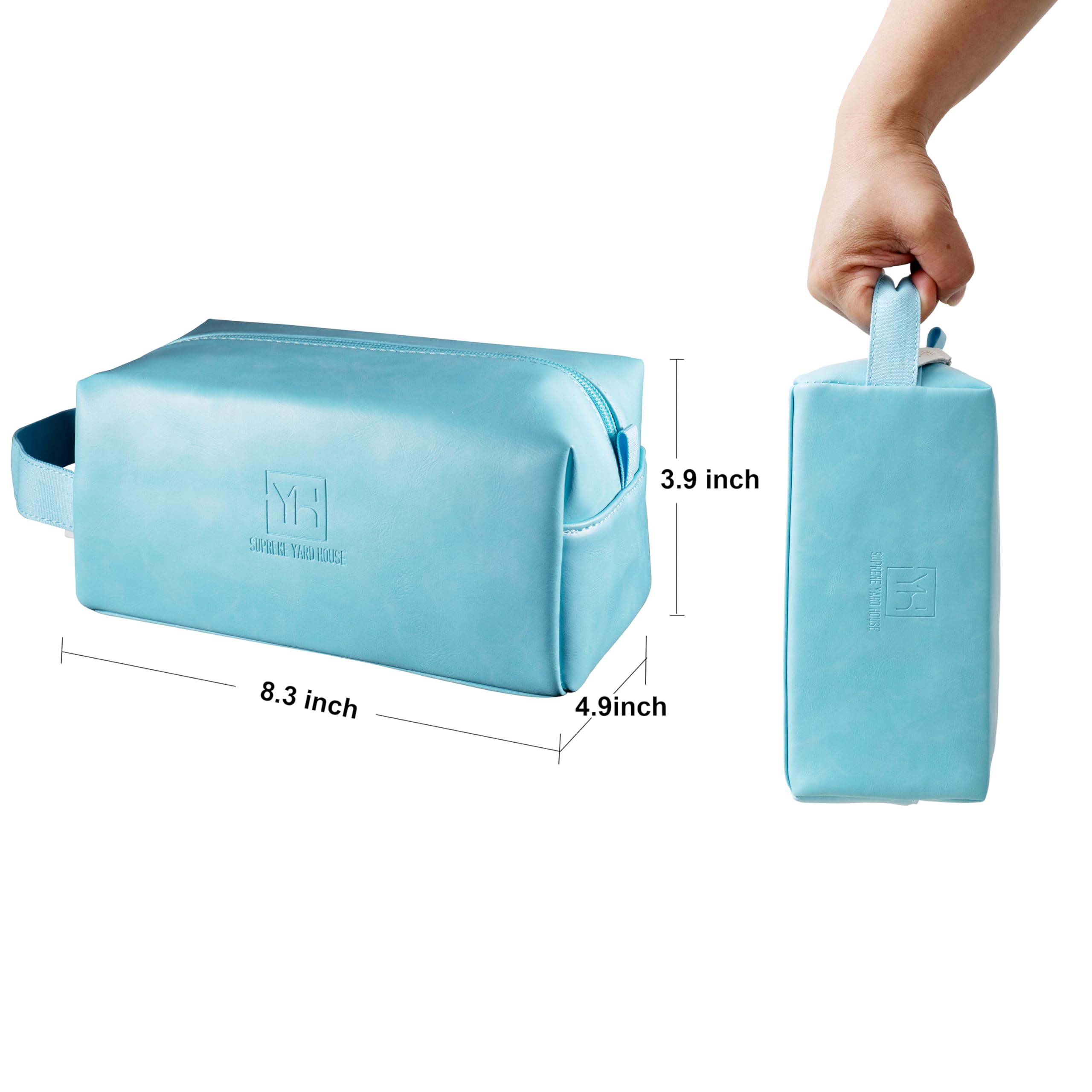 Yard House Ice-Blue leather Dopp kit stores grooming essentials neatly.