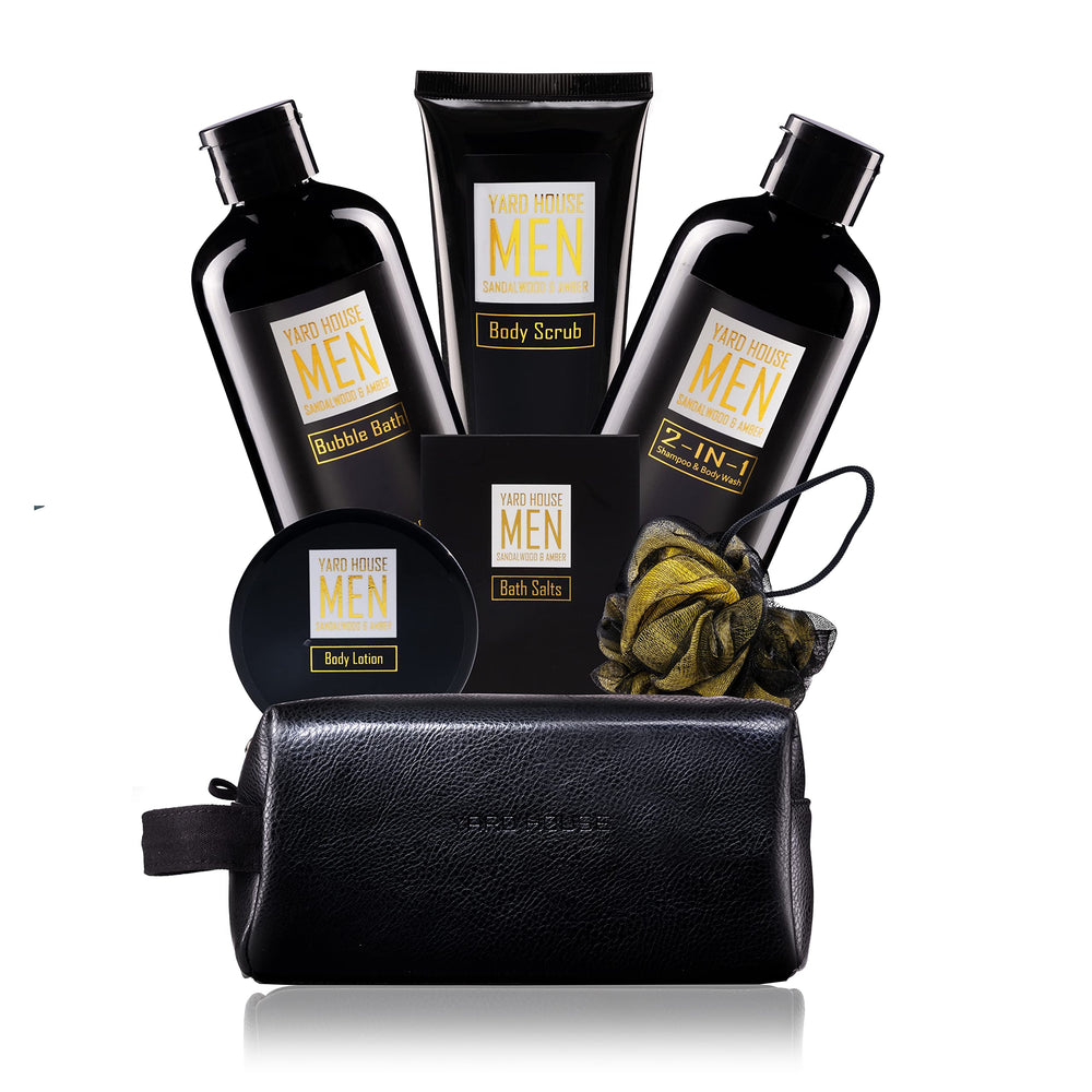 Yard House sandalwood amber spa kit in leather dopp bag offering a relaxing self-care ritual.