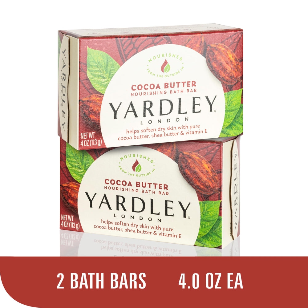 Yardley London Cocoa Butter Bar closeup emphasizes rich moisture and velvety skin feel.