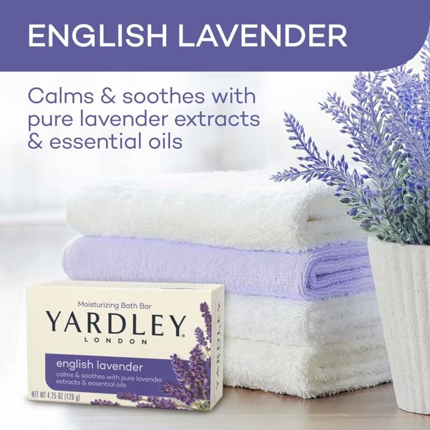 Yardley London English Lavender soap bar ingredients closeup highlighting lavender extracts for calming rituals.