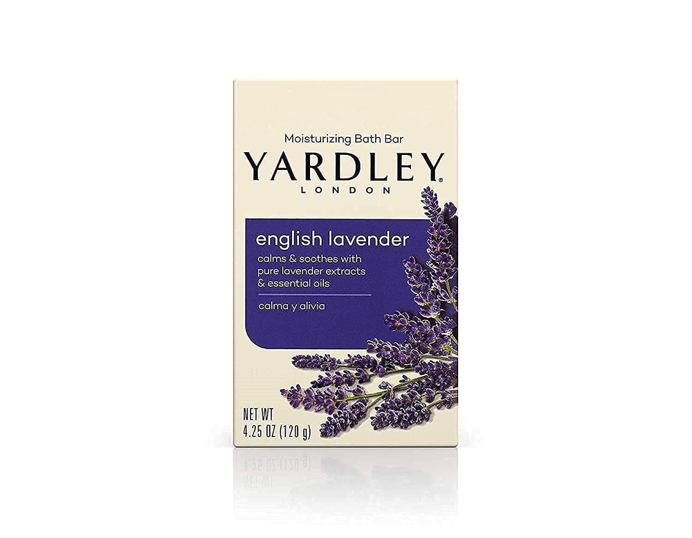 Yardley London English Lavender soap bar packaging showcases luxury moisturizing care.