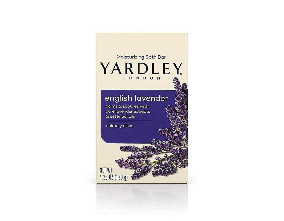 Yardley London English Lavender soap bar packaging showcases luxury moisturizing care.