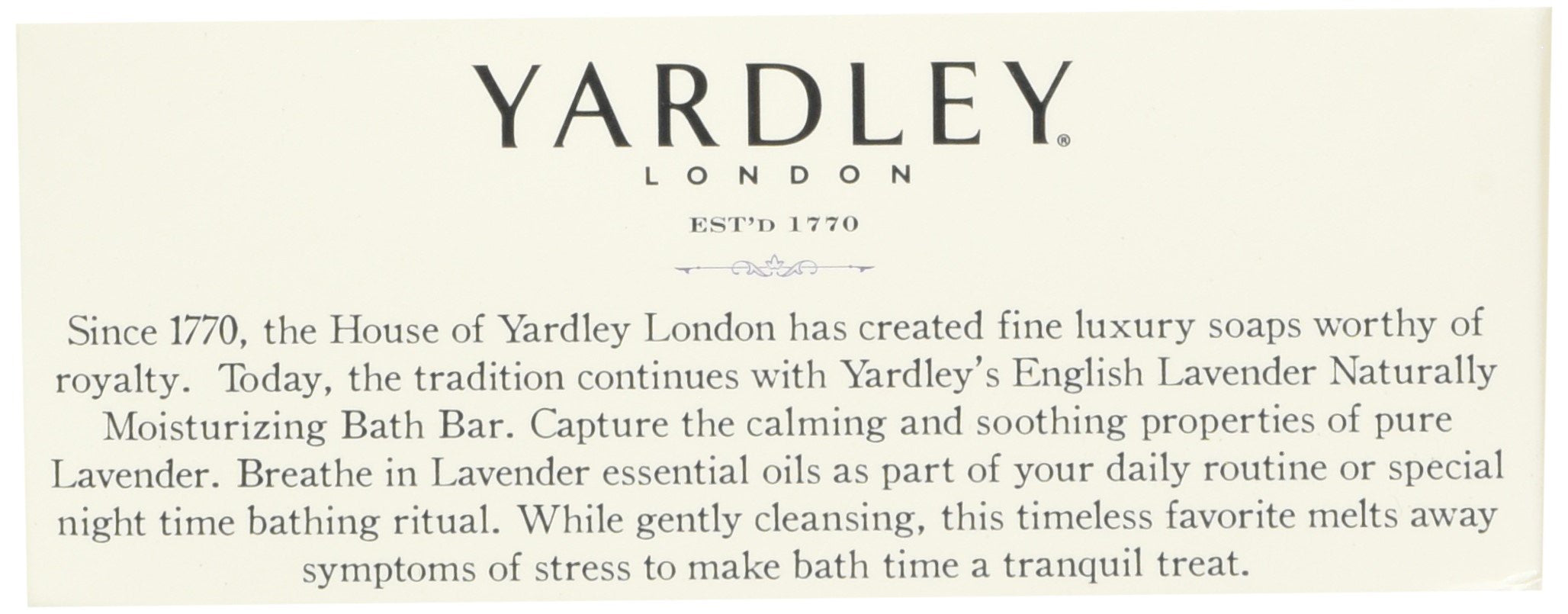 Yardley London English Lavender soap with essential oils promoting soothing aroma.