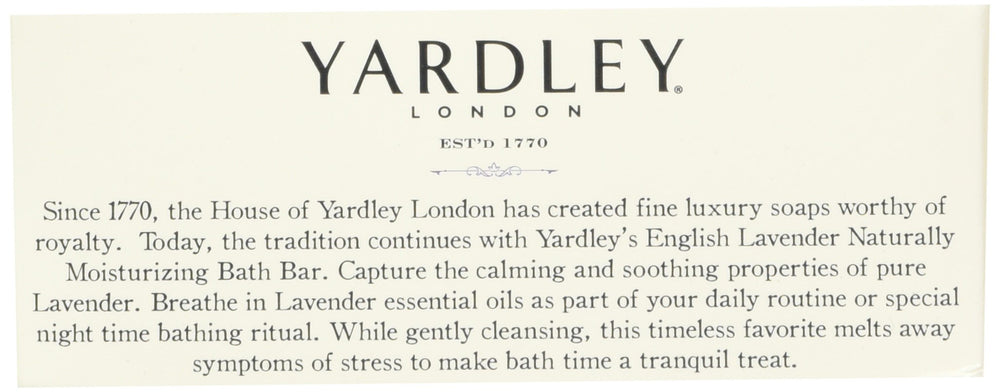 Yardley London English Lavender soap with essential oils promoting soothing aroma.