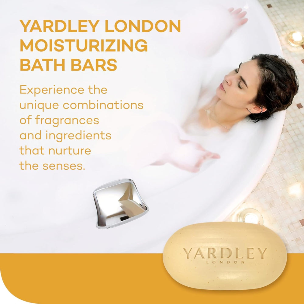 Yardley Oatmeal & Almond bath bar almond oil drops close-up emphasize moisturizing hydration.