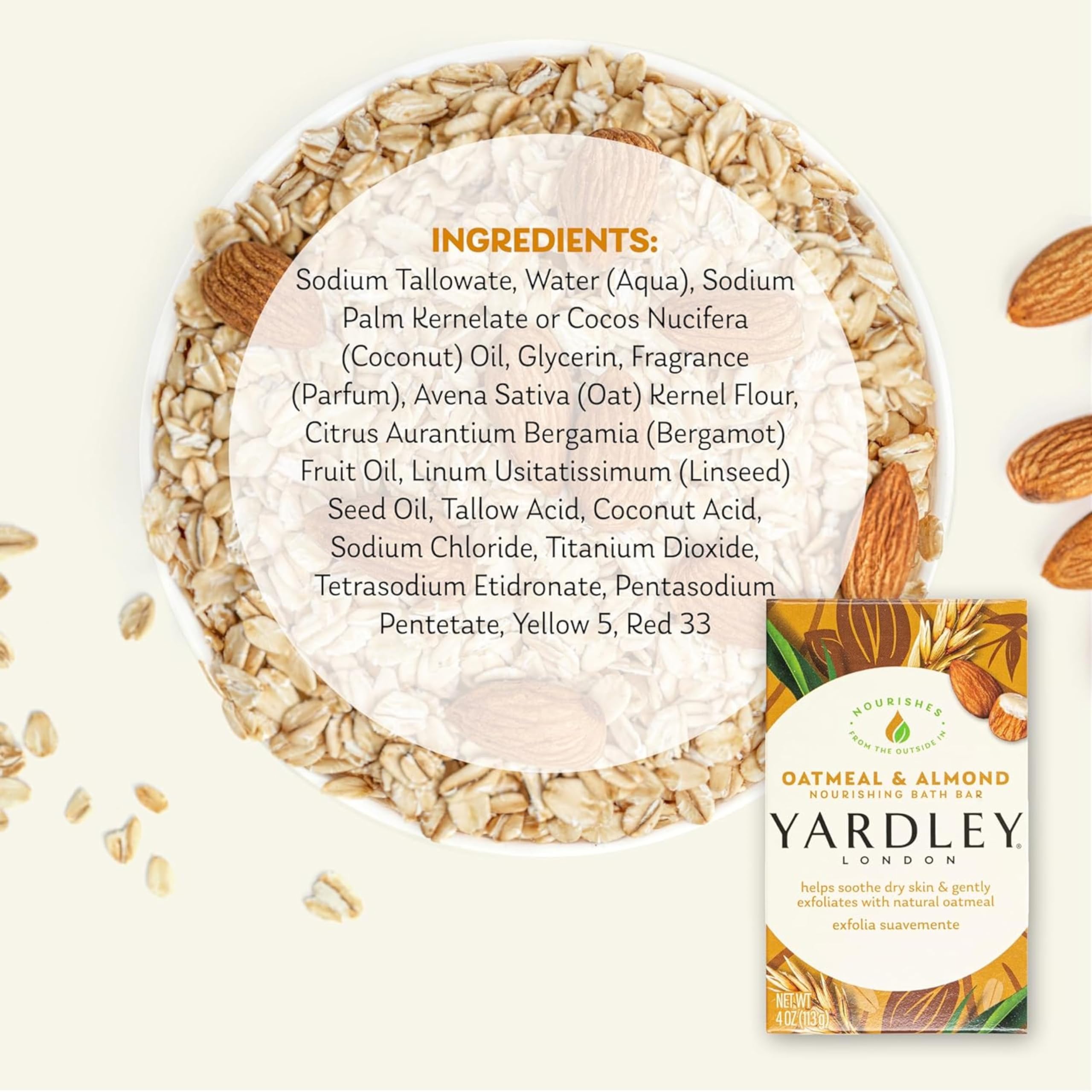 Yardley Oatmeal & Almond bath bar crushed almonds close-up hints at aromatic, comforting scent.