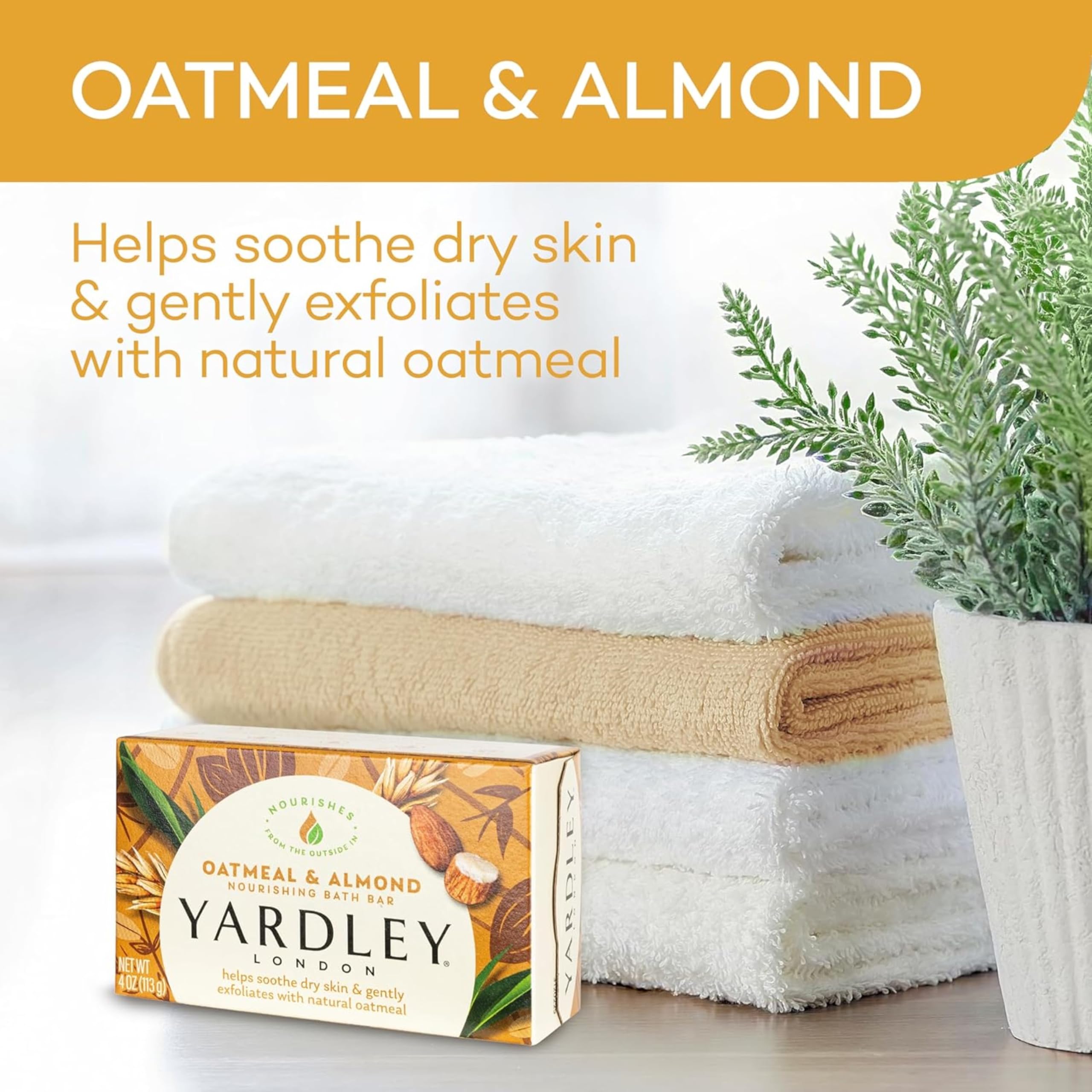 Yardley Oatmeal & Almond bath bar exfoliating oats close-up shows gentle smoothing for dry skin.