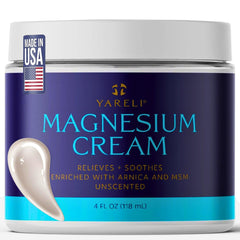 YARELI magnesium cream jar front shows unscented formula for targeted muscle comfort