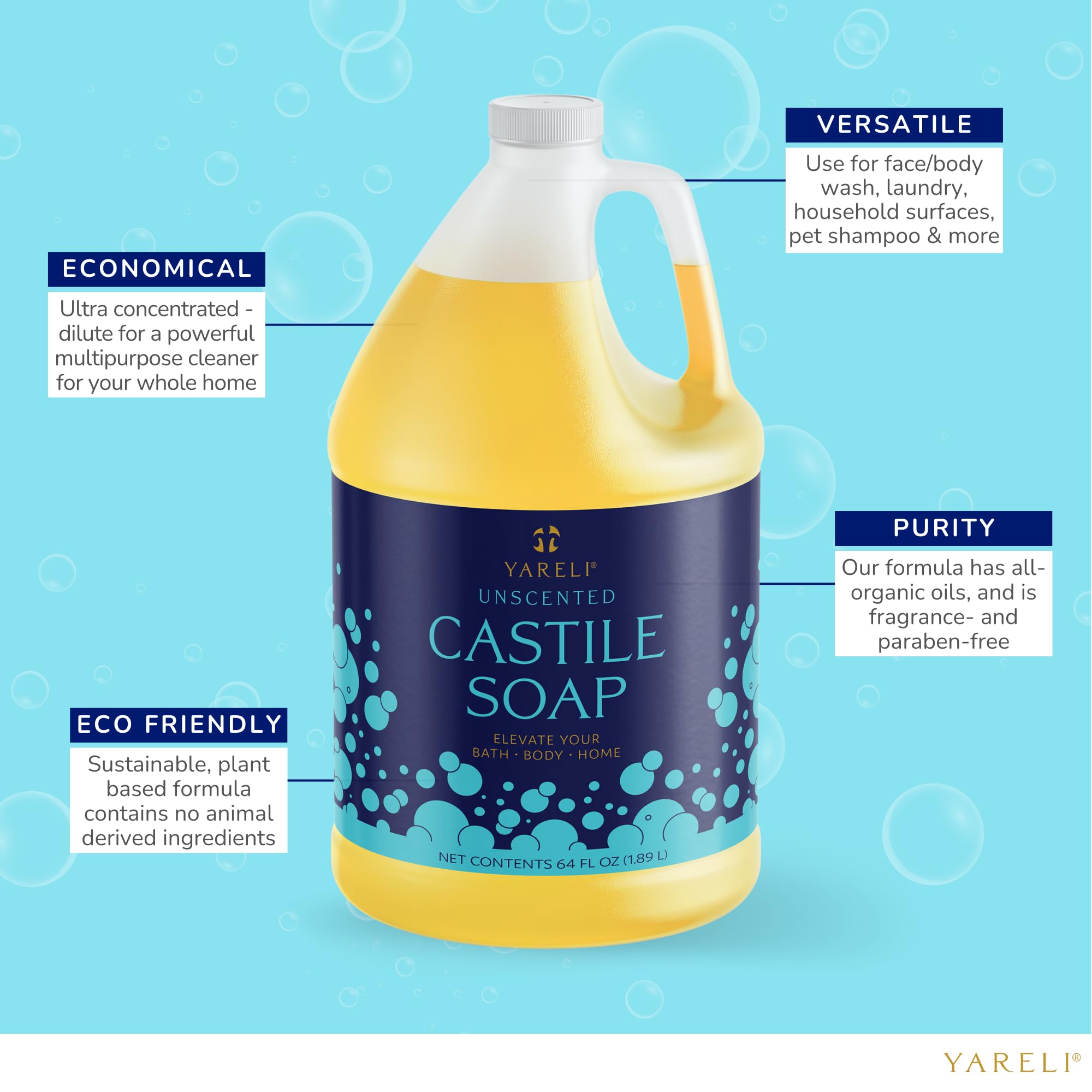 Dilution-friendly setup showing YARELI Castile Soap for versatile cleaning
