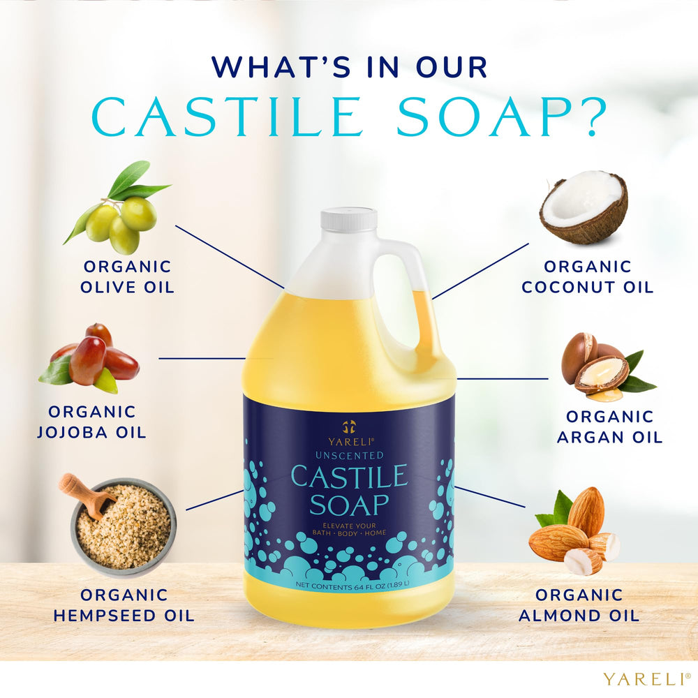 Close-up of YARELI Castile Soap ingredients showing organic olive oil for moisturizing