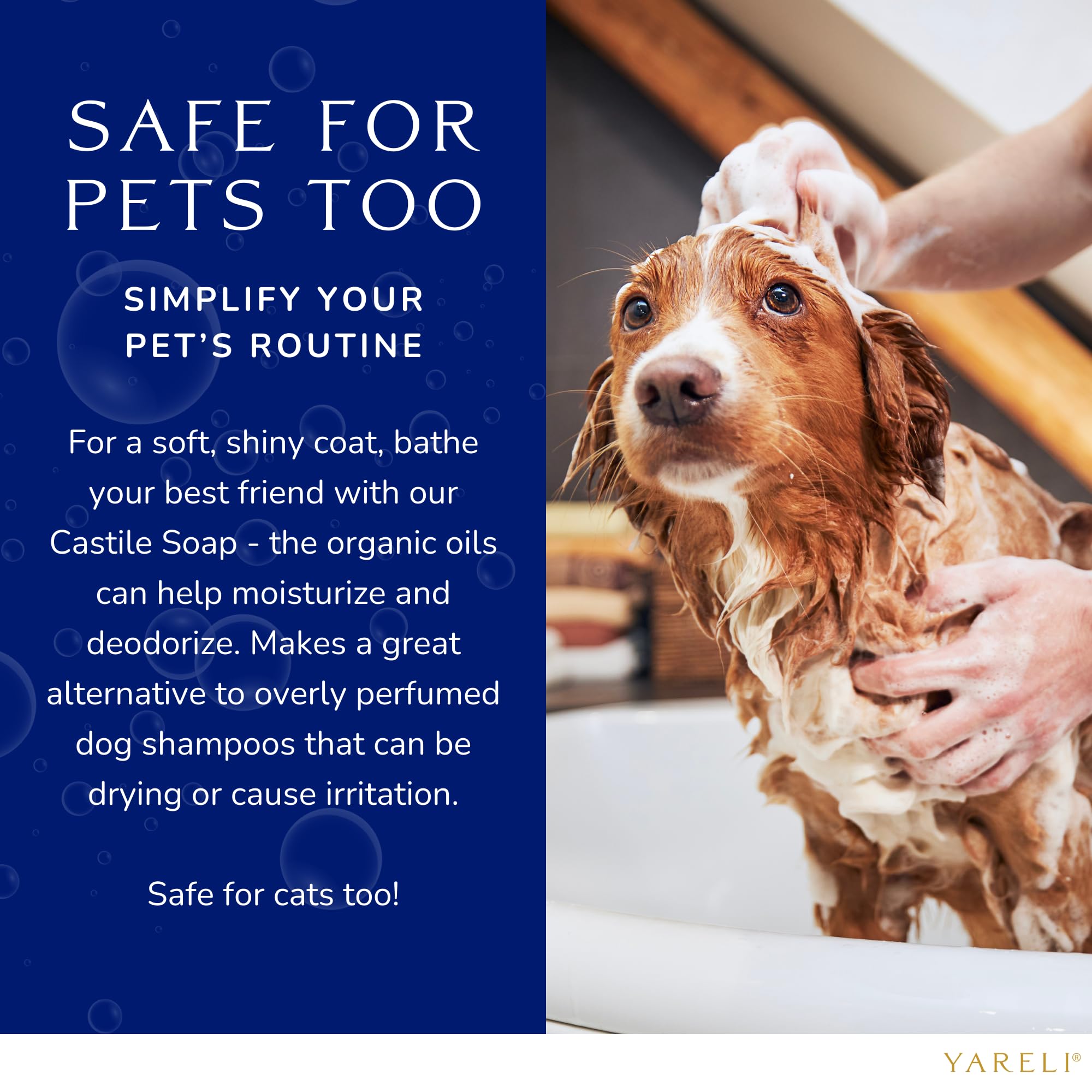 Gentle pet shampoo option using YARELI Castile Soap