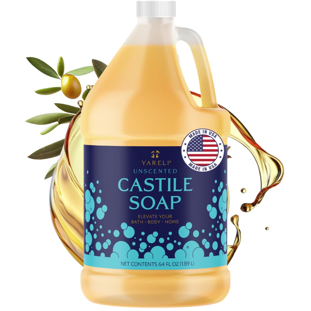 YARELI Pure Castile Soap unscented 64oz refill bottle for gentle body wash and hand soap
