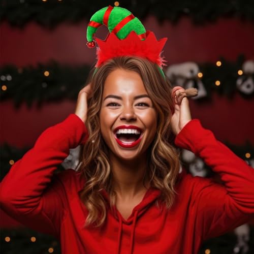 YARIEW Elf Hat Headband cap-top red ribbon enhances holiday styling.