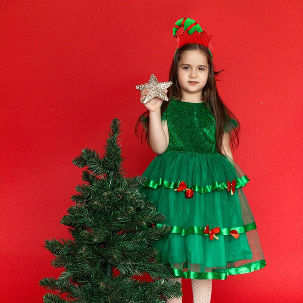 YARIEW Elf Hat Headband green base with red accents suits Christmas outfits.