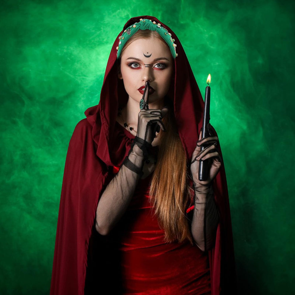 YARIEW Witch Headband worn at a photo booth for magical selfies.