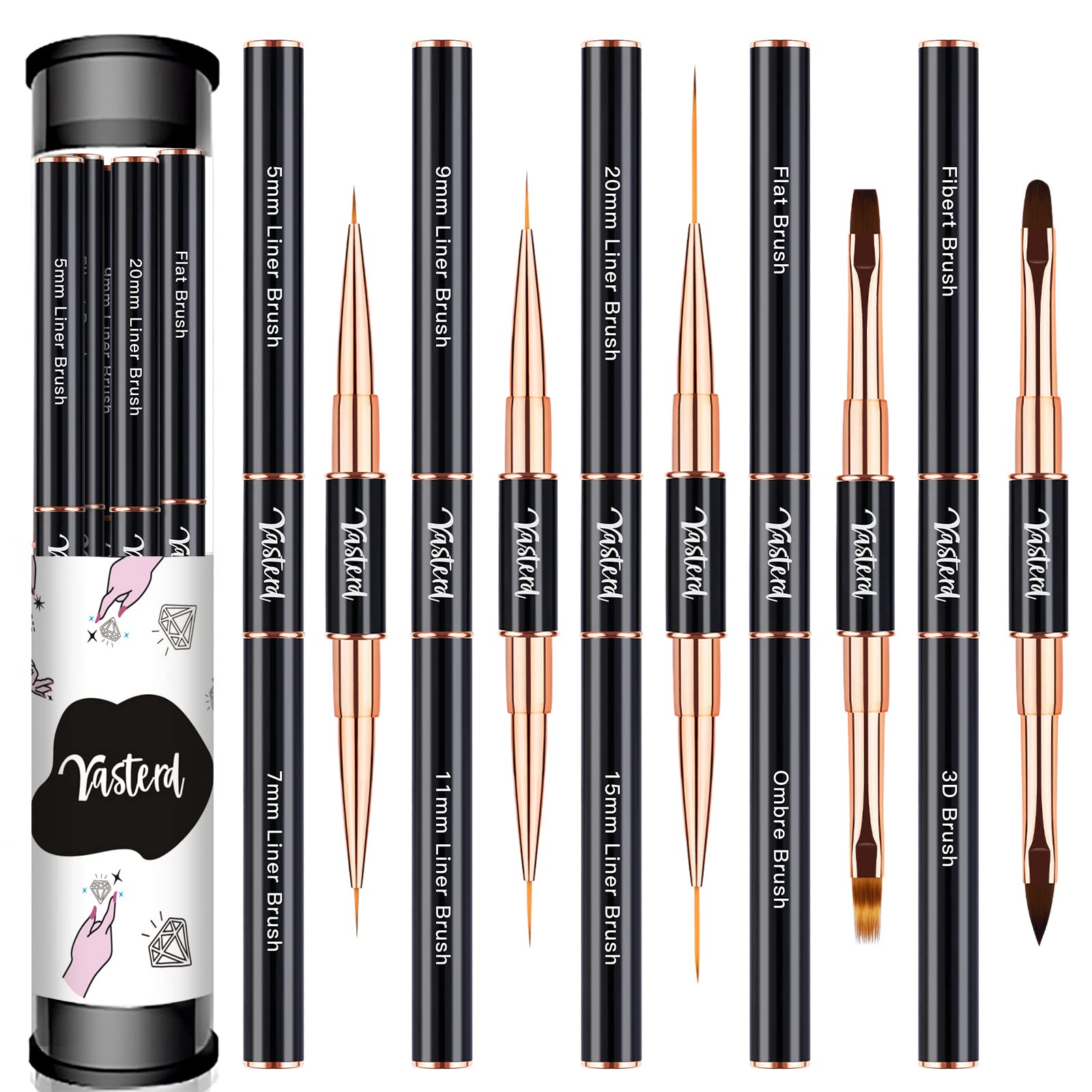 Yasterd nail art brush set double-ended pack improves precision for detailed nail designs.