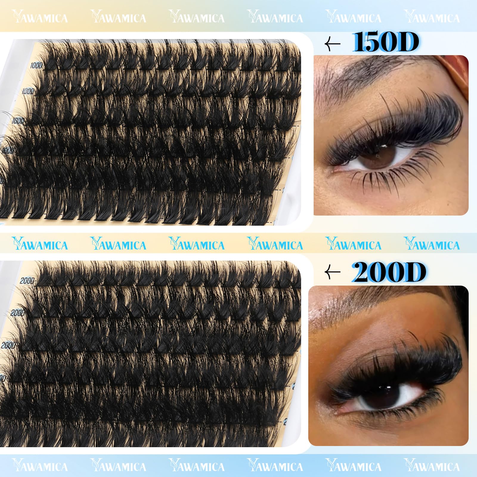 Yawamica 150D/200D mixed-volume d-curly clusters blend seamlessly for fluttery fullness.