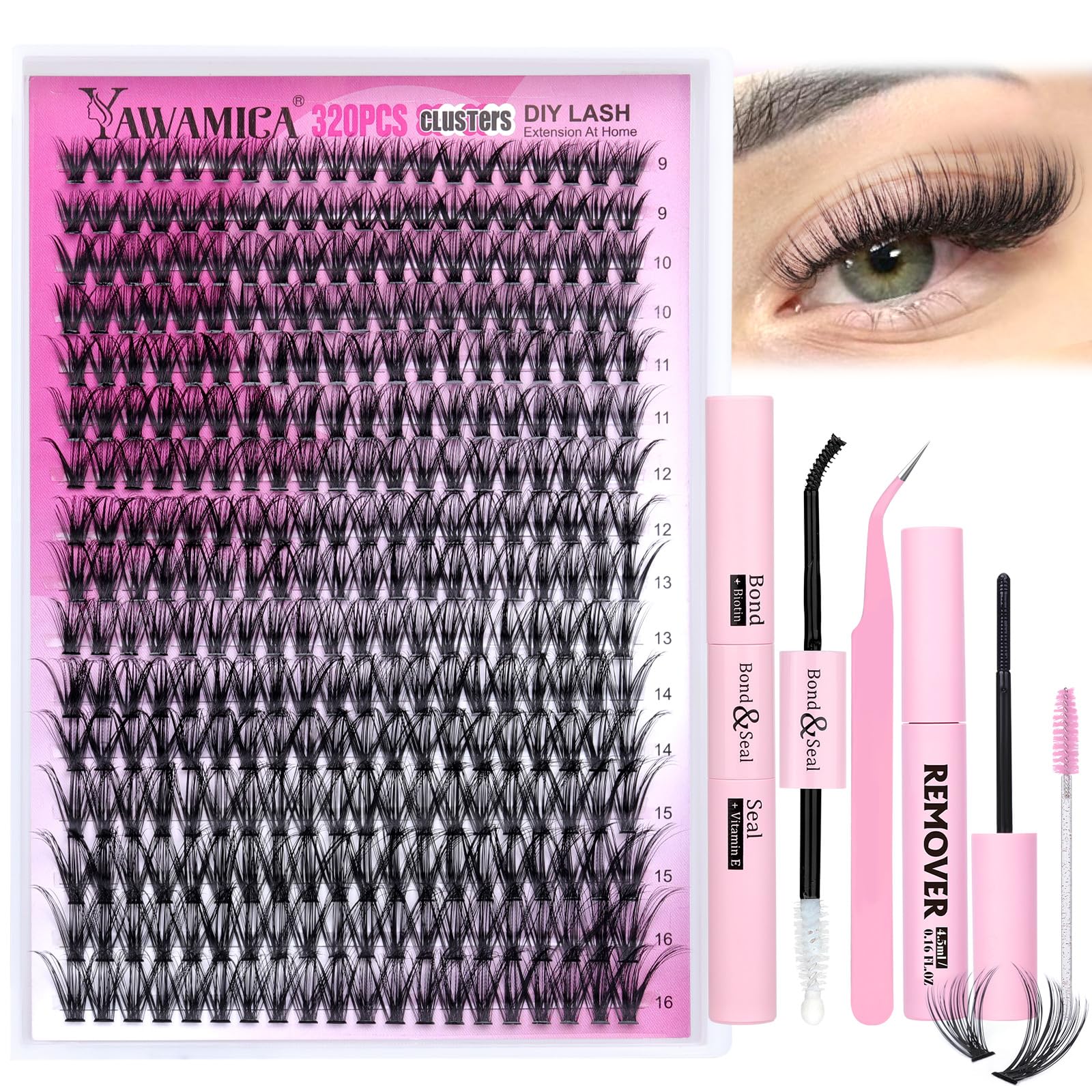 Yawamica eyelash-extension kit 320pcs lash clusters D curl 40D 9-16mm for salon-like lashes.
