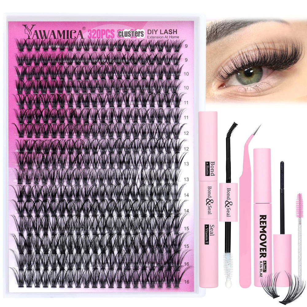 Yawamica eyelash-extension kit 320pcs lash clusters D curl 40D 9-16mm for salon-like lashes.