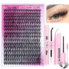 Yawamica eyelash-extension kit 320pcs lash clusters D curl 40D 9-16mm for salon-like lashes.