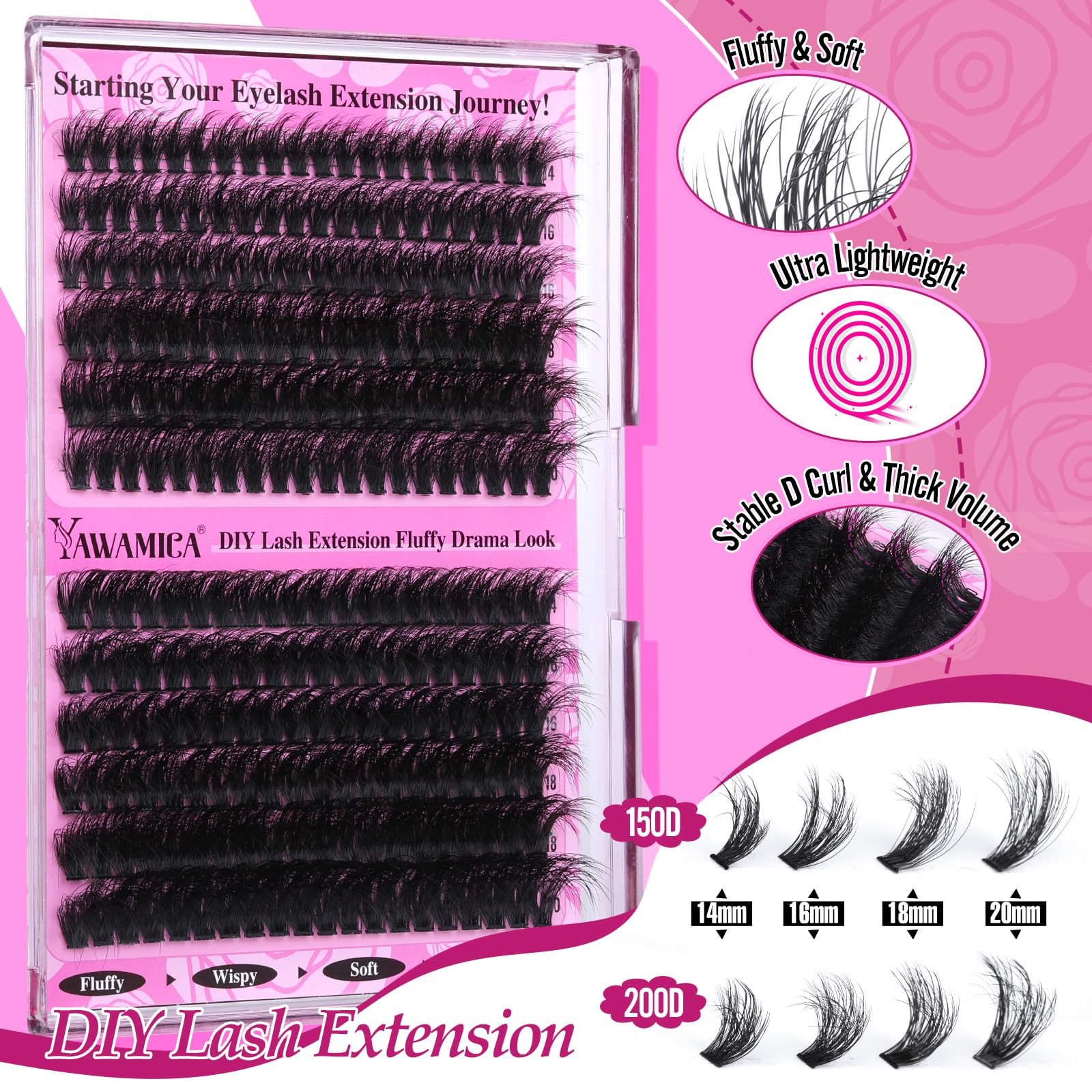 Yawamica fluffy-dcurl mink fiber clusters create lift with comfortable wear.