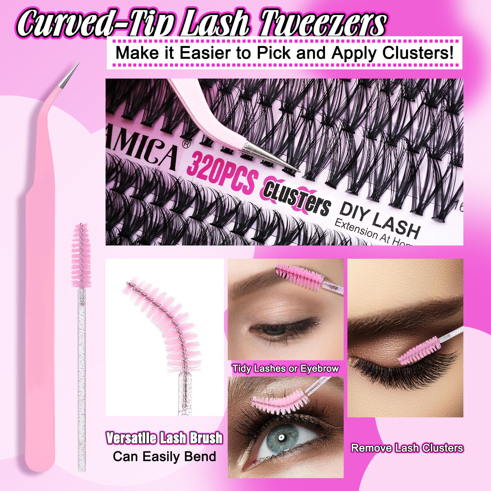 Yawamica lash brush helps smoothing and grooming clusters.