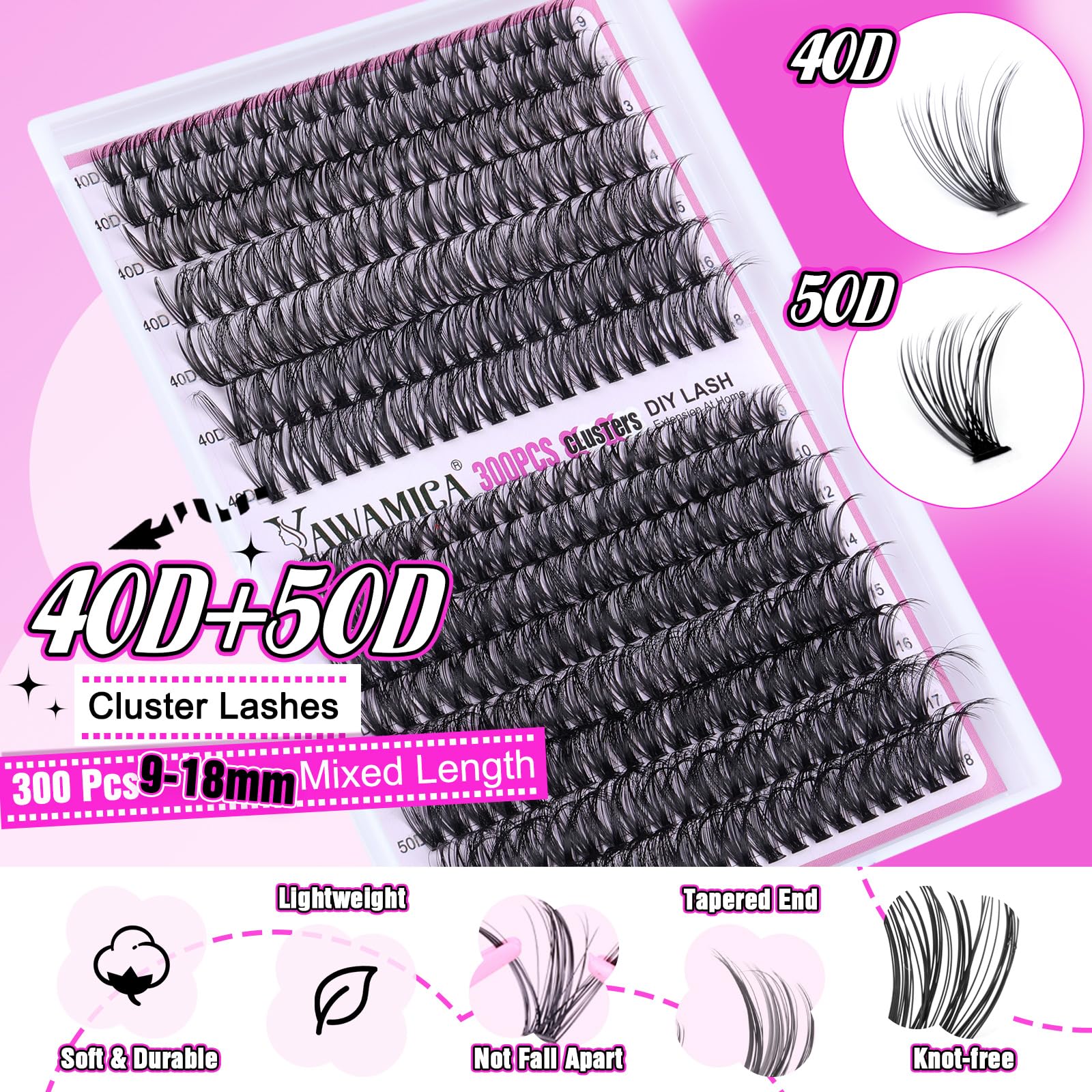 Yawamica 40D/50D lash clusters 9-18mm shown for natural-looking volume.
