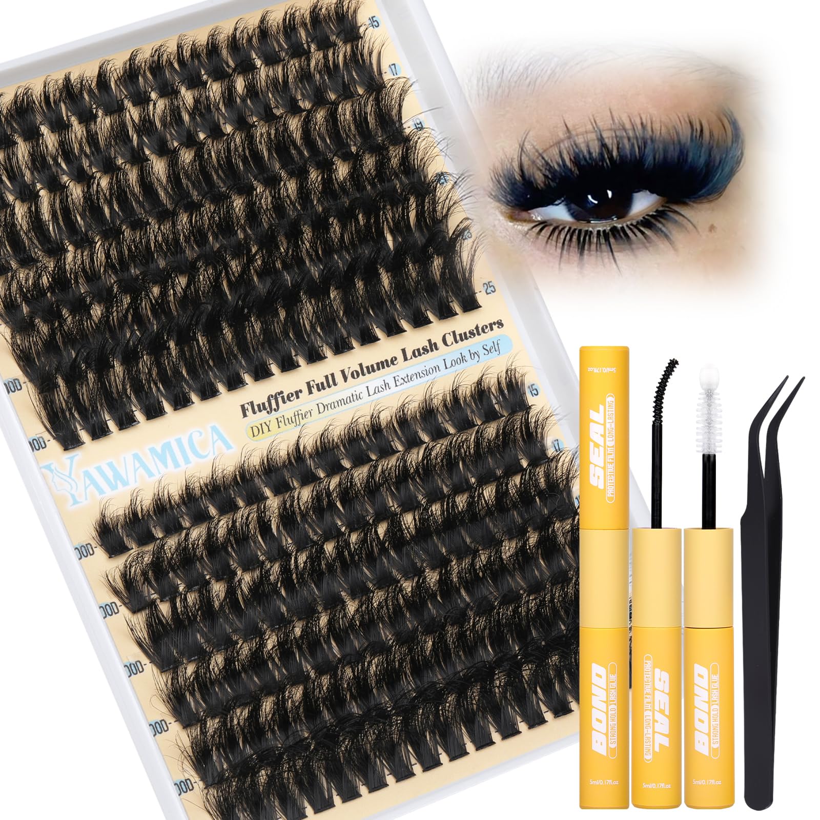 Yawamica Lash Clusters Kit packaging signals professional DIY lash results at home.